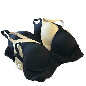 Eleplus 3 Pieces Deep V Wireless Bras for Women. Beige, Black & Black. Size Med.